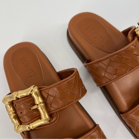 Schutz Enola Sporty Leather Brown Double Buckle Slip On Resortwear Sandals 7 - Picture 4 of 6